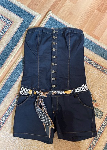 Denim Kumaşlı Kemerli Lacivert Mini Tulum