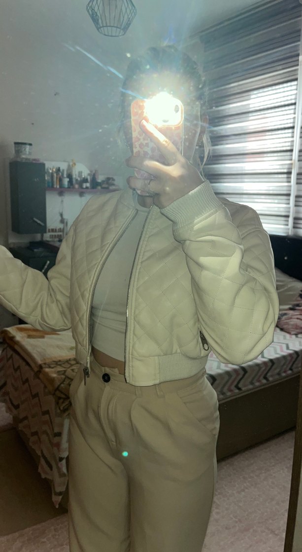 Beyaz Deri Kadın Ceket - Görsel 4