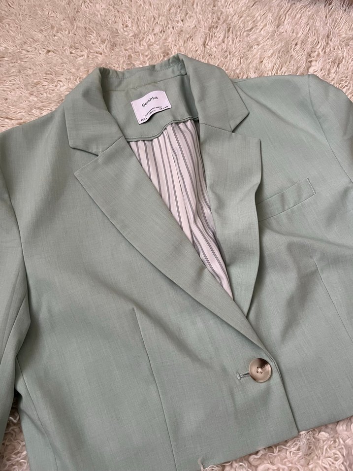 Su yeşili Keten Midi Kadın Ceket - Görsel 2