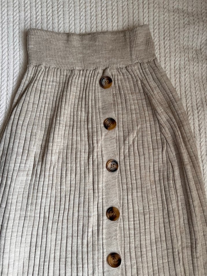 Düğmeli Bej Keten Uzun Etek - Görsel 2