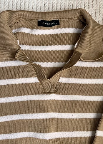 Bej Çizgili Polo Yaka Kadın Triko Kazak - Görsel 3