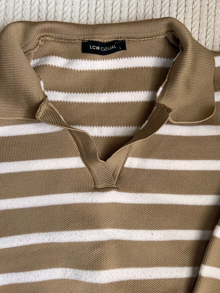 Bej Çizgili Polo Yaka Kadın Triko Kazak - Görsel 3