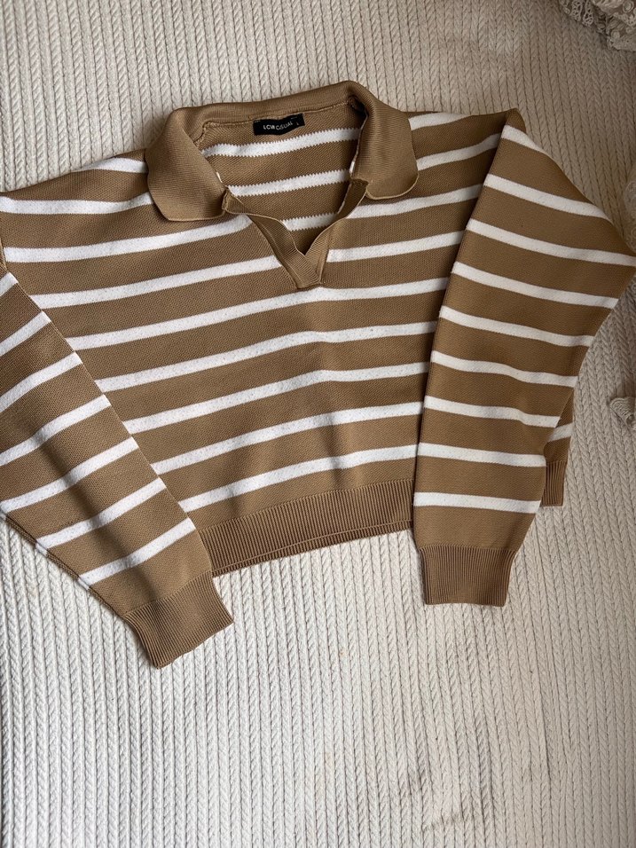 Bej Çizgili Polo Yaka Kadın Triko Kazak - Görsel 2