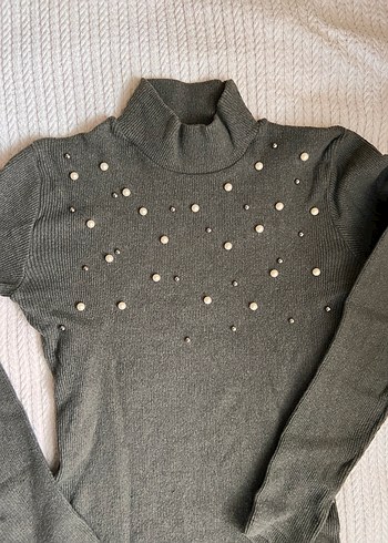 İnci Detaylı Gri Uzun Triko Elbise - Görsel 2