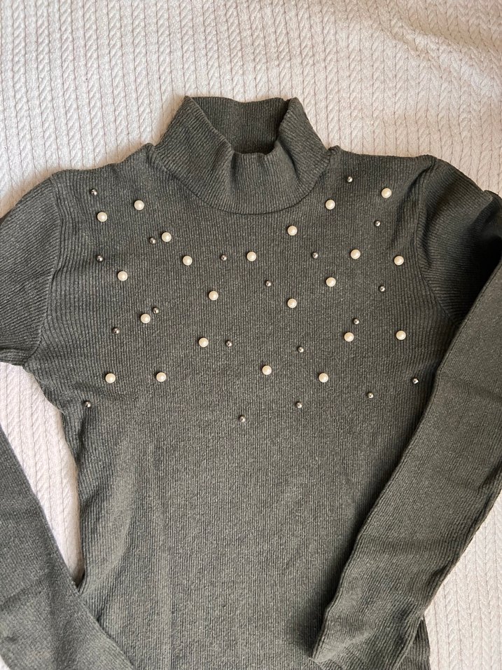 İnci Detaylı Gri Uzun Triko Elbise - Görsel 2