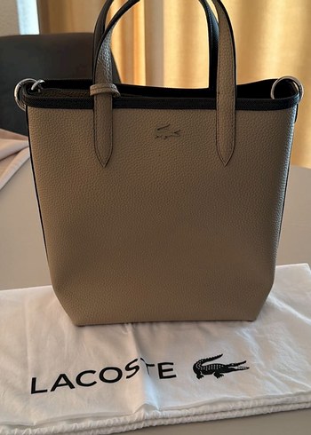 Orjinal Lacoste deri çift taraflı çanta siyah bej - Görsel 6
