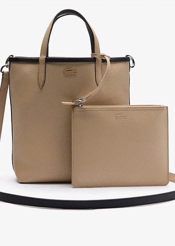 Orjinal Lacoste deri çift taraflı çanta siyah bej - Görsel 2