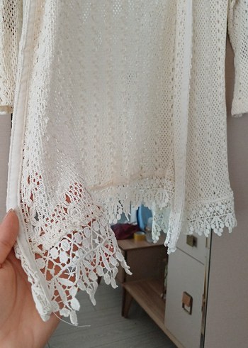 l Beden beyaz Renk Beyaz Dantel Detaylı Bohem Kadın Hırka