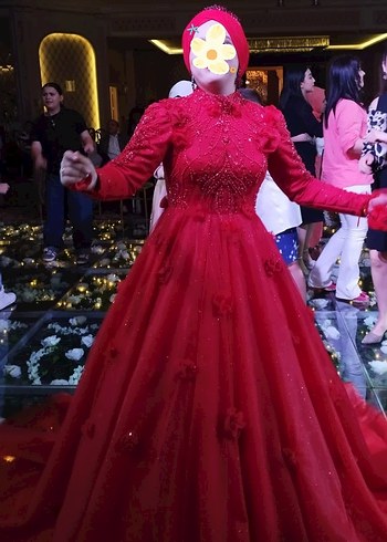 Kırmızı Üç Boyutlu Çiçekli Kına Elbisesi Özel Tasarım - Ana görsel