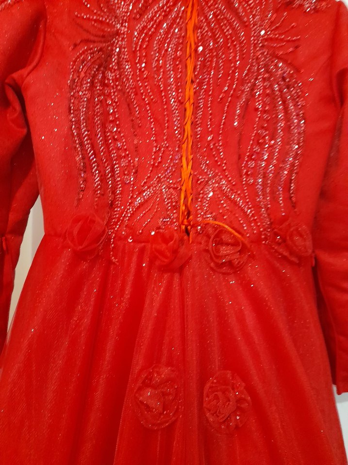 Kırmızı Üç Boyutlu Çiçekli Kına Elbisesi Özel Tasarım - Görsel 5