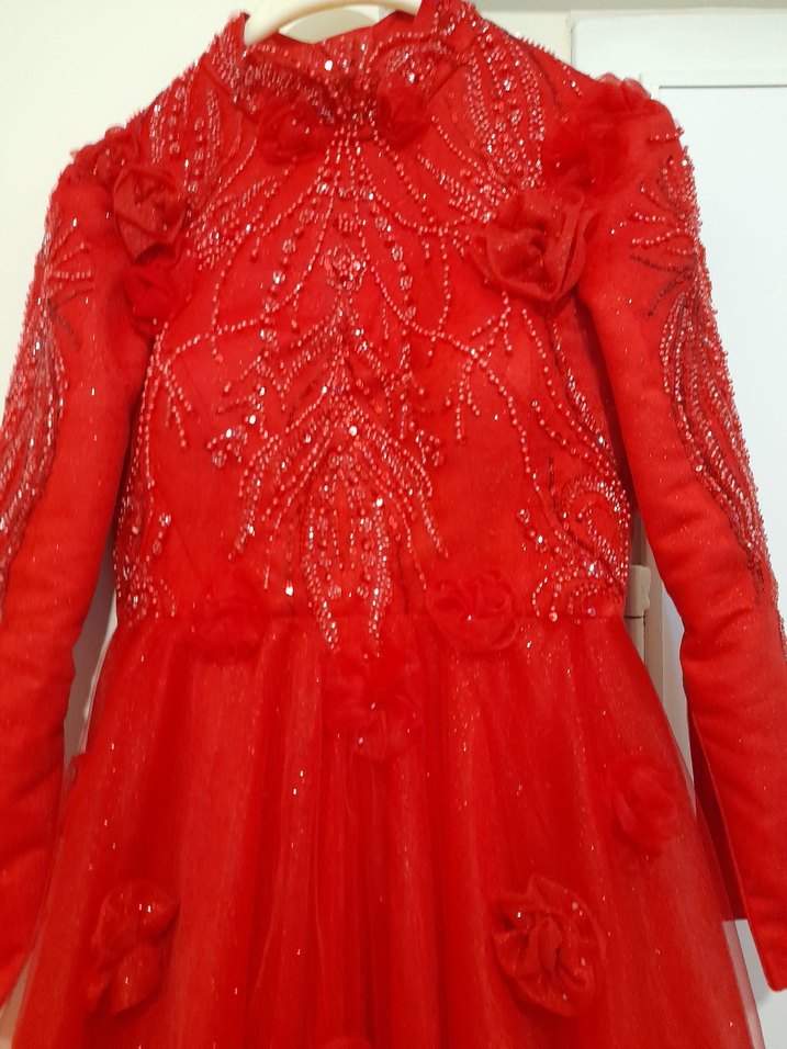 Kırmızı Üç Boyutlu Çiçekli Kına Elbisesi Özel Tasarım - Görsel 4