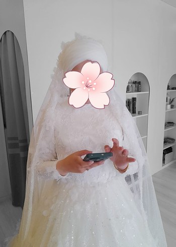 Uzun Kollu Yüksek Yaka Üç Boyutlu Çiçekli Prenses Gelinlik - Görsel 10