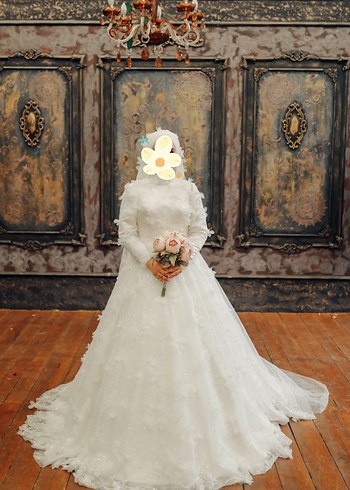 Uzun Kollu Yüksek Yaka Üç Boyutlu Çiçekli Prenses Gelinlik - Görsel 9