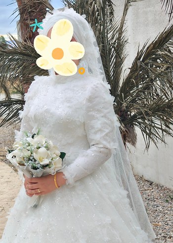 Uzun Kollu Yüksek Yaka Üç Boyutlu Çiçekli Prenses Gelinlik - Görsel 7