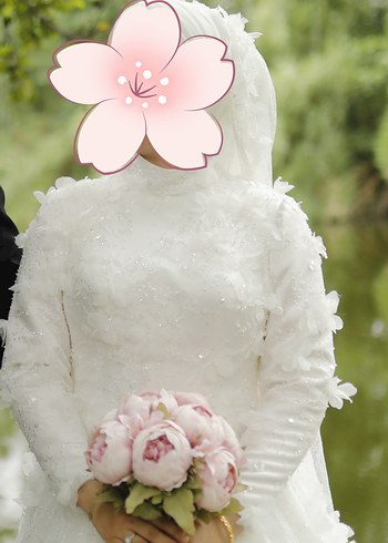 Uzun Kollu Yüksek Yaka Üç Boyutlu Çiçekli Prenses Gelinlik - Görsel 11