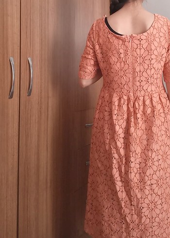 Dantel Detaylı Pembe Hamile Midi Elbise - Görsel 9