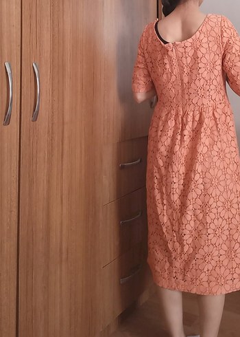 Dantel Detaylı Pembe Hamile Midi Elbise - Görsel 10