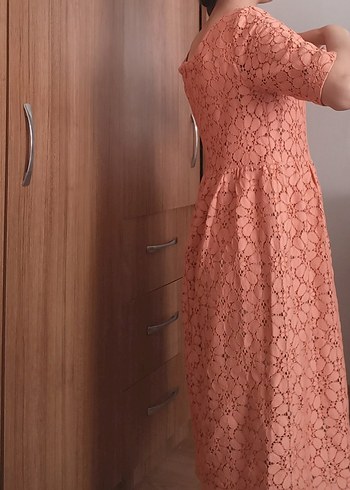 Dantel Detaylı Pembe Hamile Midi Elbise - Görsel 8