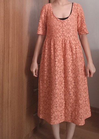 Dantel Detaylı Pembe Hamile Midi Elbise - Görsel 7