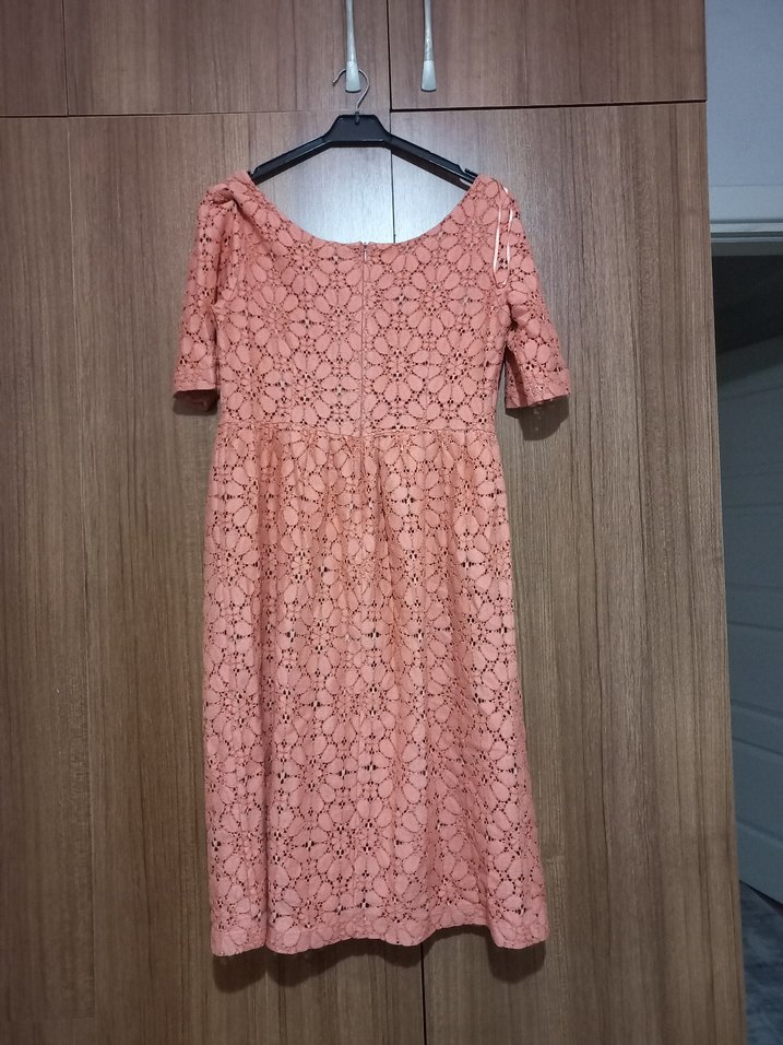 Dantel Detaylı Pembe Hamile Midi Elbise - Görsel 2