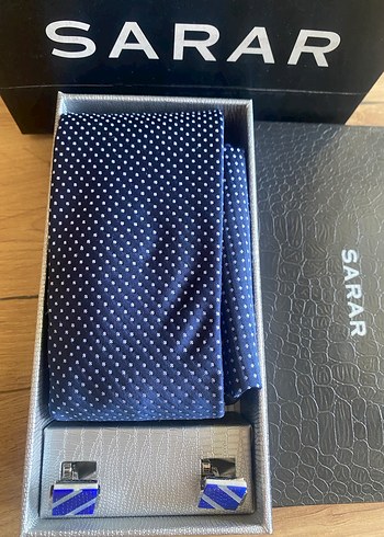 Sarar Lacivert Noktalı Kravat, Mendil ve Kol Düğmesi Seti - Görsel 5