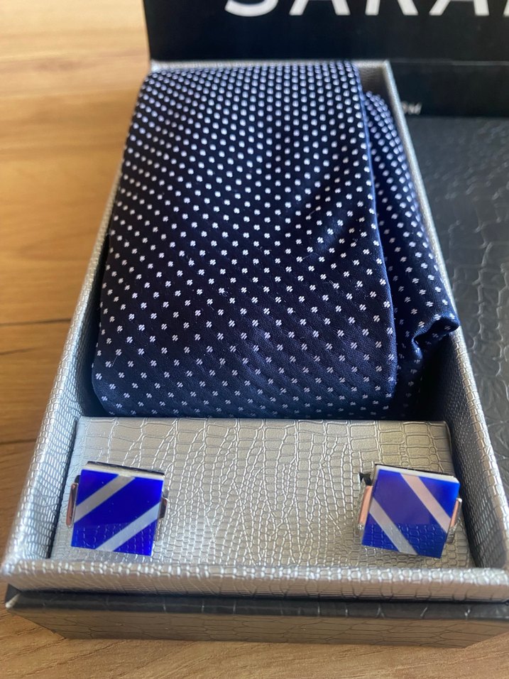 Sarar Lacivert Noktalı Kravat, Mendil ve Kol Düğmesi Seti - Görsel 3