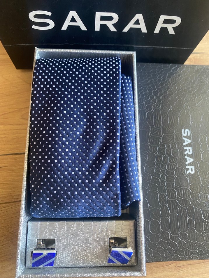 Sarar Lacivert Noktalı Kravat, Mendil ve Kol Düğmesi Seti - Görsel 5