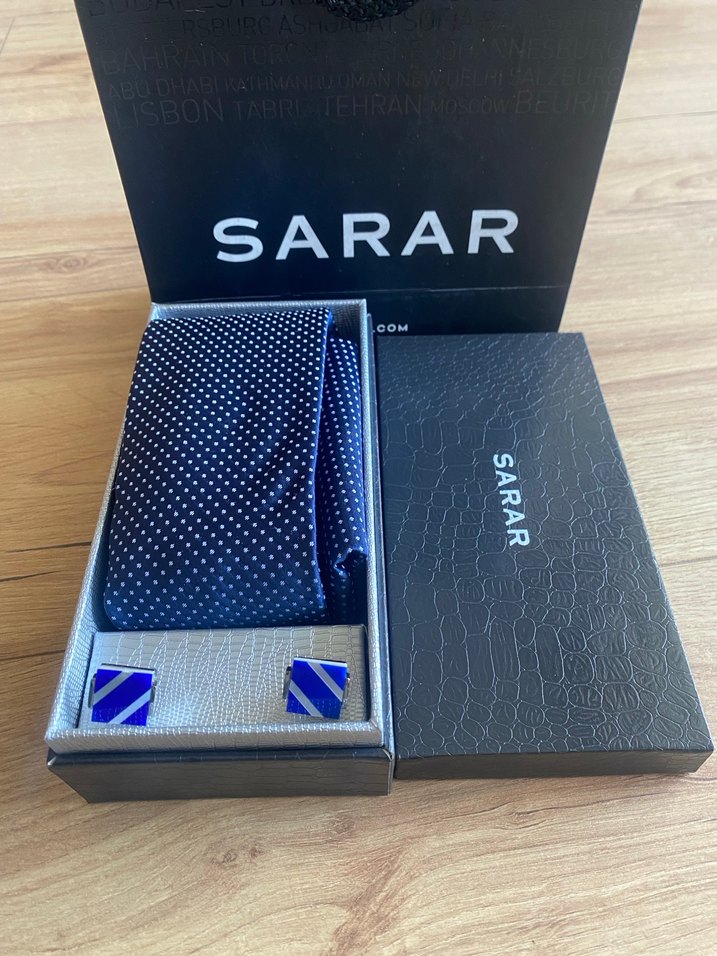 Sarar Lacivert Noktalı Kravat, Mendil ve Kol Düğmesi Seti - Görsel 2