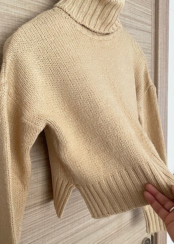 Bej Örgü Boğazlı Kadın Kazak - Görsel 3