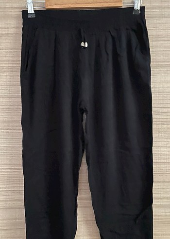 Bağcıklı Siyah Keten Kadın Pantolon - Görsel 3