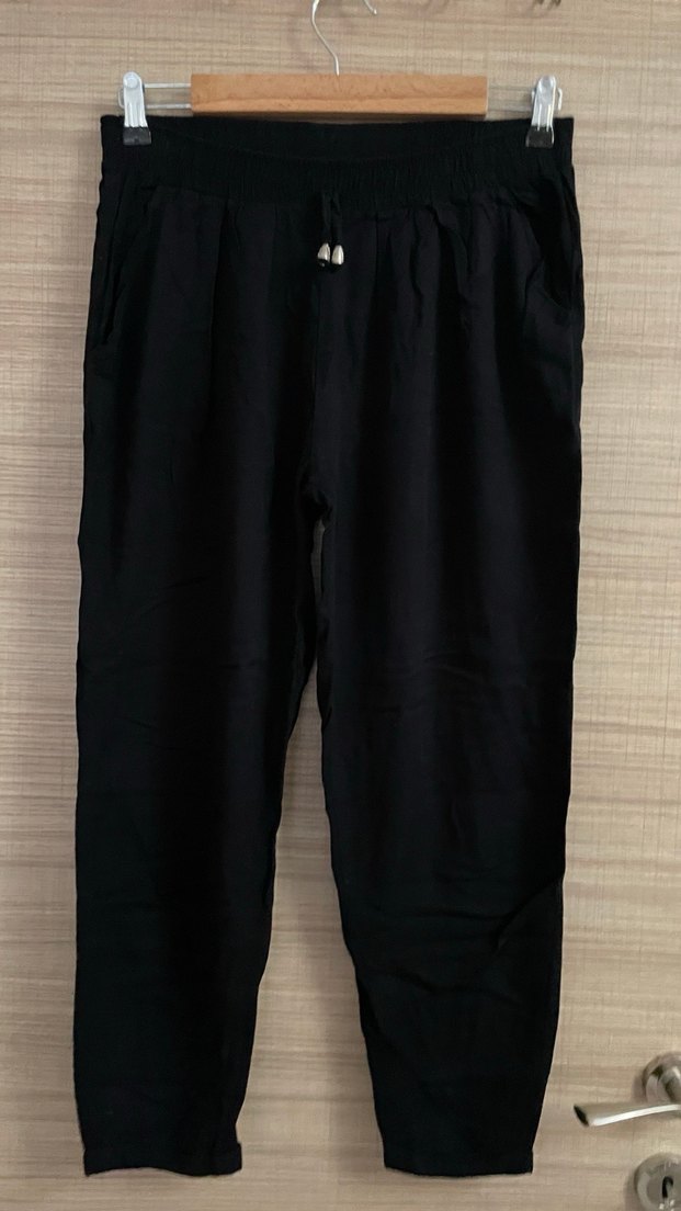 Bağcıklı Siyah Keten Kadın Pantolon - Görsel 2