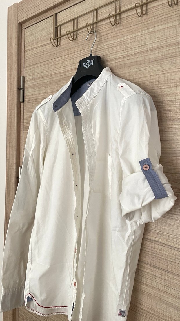 Erkek Beyaz Pamuklu keten Uzun Kollu Gömlek - Görsel 2