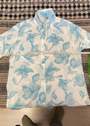Mavi Çiçek Desenli Keten Kadın Gömlek - Görsel 4