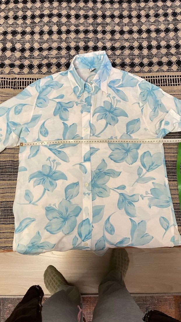 Mavi Çiçek Desenli Keten Kadın Gömlek - Görsel 4