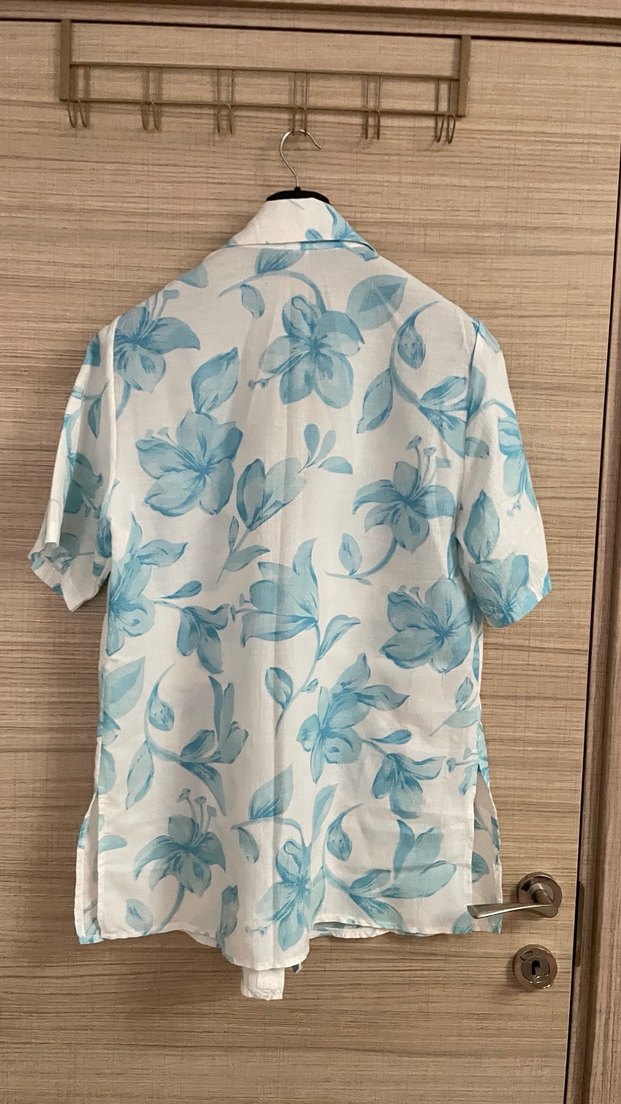 Mavi Çiçek Desenli Keten Kadın Gömlek - Görsel 2