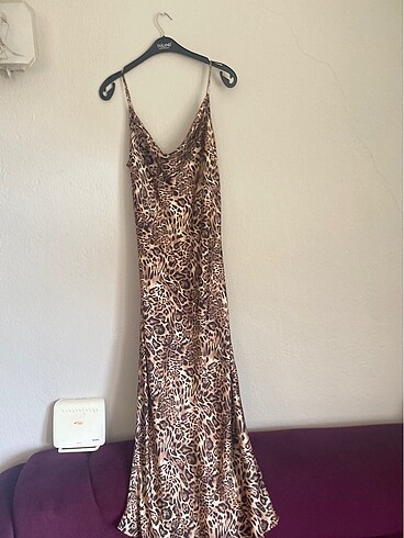 Leopar saten elbise