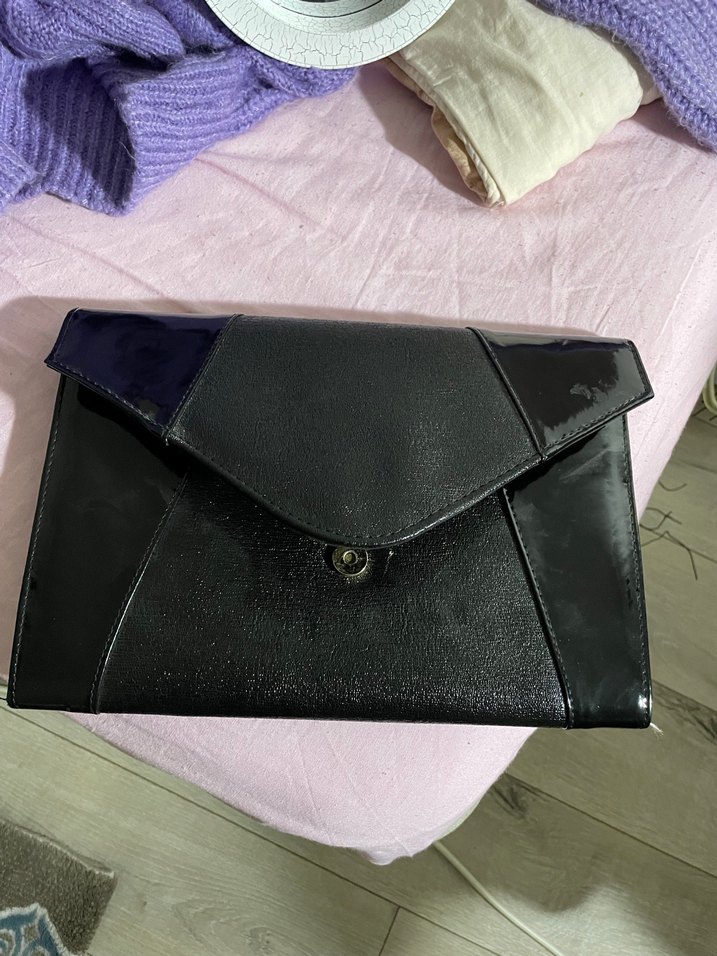 Siyah Parlak Deri Kadın Clutch Çanta - Görsel 2