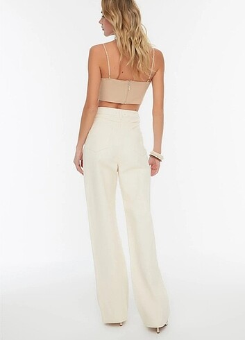 34 Beden Ekru yüksek bel wide leg kot pantolon 