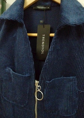 Kadın Lacivert fitilli kadife Denim Kemerli Tulum - Görsel 3