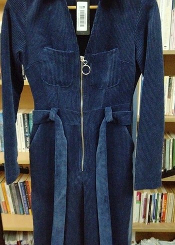 Kadın Lacivert fitilli kadife Denim Kemerli Tulum - Görsel 2