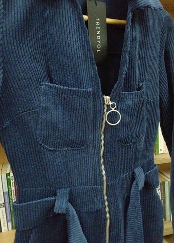 Kadın Lacivert fitilli kadife Denim Kemerli Tulum - Görsel 4