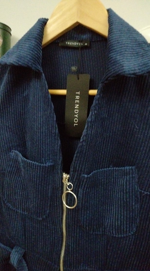 Kadın Lacivert fitilli kadife  Denim Kemerli Tulum - Görsel 3