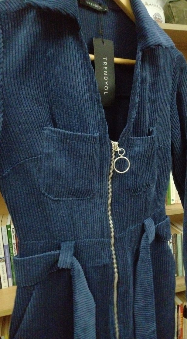 Kadın Lacivert fitilli kadife  Denim Kemerli Tulum - Görsel 4