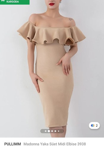 Diğer Bej Ruffle Detaylı Straplez Midi Elbise