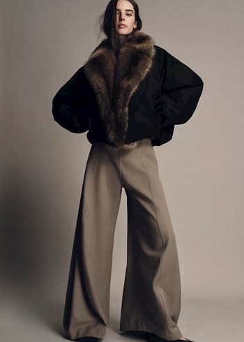 Kahverengi Yakalı Kadın Suni Kürk Midi Ceket - Görsel 2