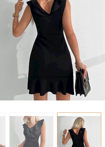 V Yaka Siyah Mini Elbise - Görsel 3