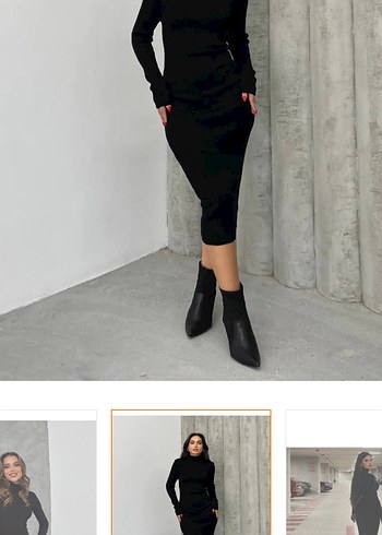 Siyah Yüksek Yakalı Uzun Kollu Kadın Triko Elbise - Görsel 4