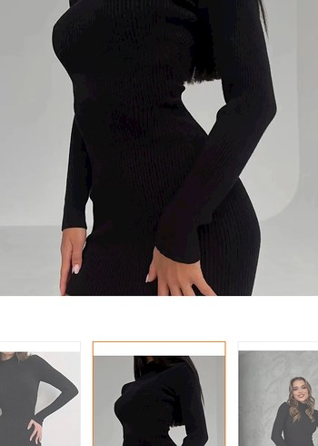 Siyah Yüksek Yakalı Uzun Kollu Kadın Triko Elbise - Görsel 2