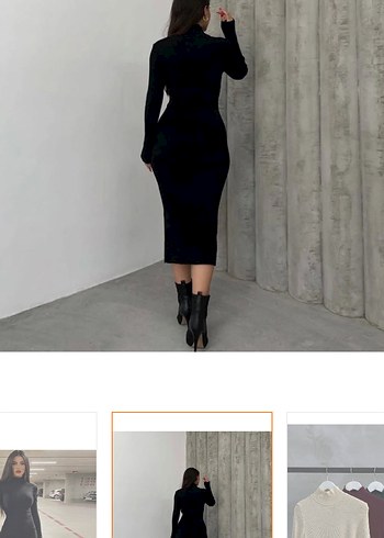 Siyah Yüksek Yakalı Uzun Kollu Kadın Triko Elbise - Görsel 3