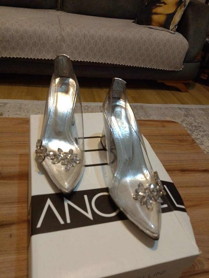 Gri Şeffaf Cam Topuklu Abiye Ayakkabı - Görsel 2